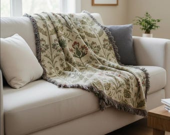 Coperta tessuta in stile folk botanico smorzato - Coperta in cotone in stile cimelio con bordi sfrangiati