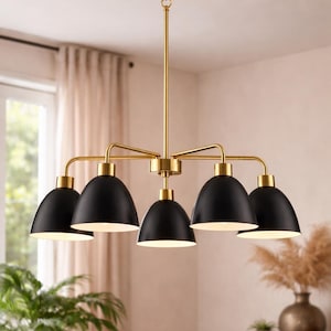 1950's Mid Century Modern Black & Brass 5-Light Chandelier – Mid Century Linear Sputnik Ceiling Light, Dining Room Kitchen Island Fixture.