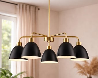 Lámpara de araña de 5 luces en negro y latón, estilo moderno de mediados de siglo (años 50) – Lámpara de techo lineal Sputnik de mediados de siglo, ideal para el comedor o la isla de la cocina.