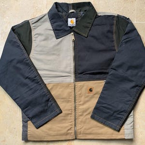 Carhartt Reworked Jacket, Color Block Canvas Workwear, Navy Tan Grey Full Zip, Unisex Streetwear