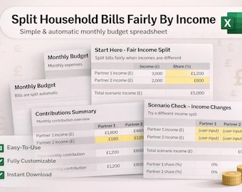 May include: Spreadsheet titled "Split Household Bills Fairly By Income" with tables for monthly budget and income split calculations. Includes text "Easy-To-Use", "Fully Customizable", and "Instant Download". Features a green Excel icon and gold coins.