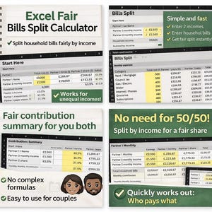 Peut inclure: Un document intitulé "Excel Fair Bills Split Calculator" avec des captures d'écran montrant des calculs financiers. Les captures d'écran affichent les revenus, les dépenses et le partage des factures. Le texte comprend "Split household bills fairly by income".