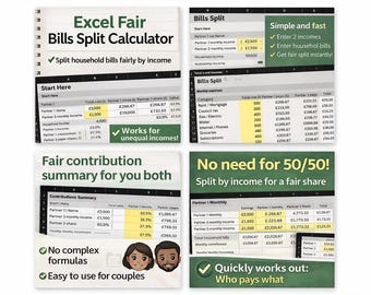 Könnte beinhalten: Ein Dokument mit dem Titel "Excel Fair Bills Split Calculator" mit Screenshots, die Finanzberechnungen zeigen. Die Screenshots zeigen Einkommen, Ausgaben und die Aufteilung von Rechnungen. Text enthält "Split household bills fairly by income" und "Works for unequal incomes!"