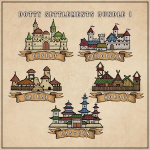 May include: An illustrated bundle of five different settlement styles: Desert, European, Tribal, Nordic, and Eastern. Each settlement is depicted with unique architectural features and labeled with a banner. The title "DOTTY SETTLEMENTS BUNDLE I" is at the top.