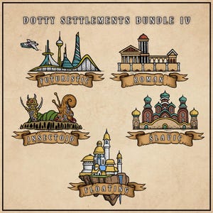 Könnte beinhalten: Illustration "Dotty Settlements Bundle IV" mit fünf architektonischen Designs: "Futuristisch", "Römisch", "Insektoid", "Slawisch" und "Schwebend". Jedes Design wird mit detaillierter Linienkunst und einem Banner dargestellt.