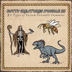 Könnte beinhalten: Illustration des "Dotty Creatures Bundle III" mit einem Skelett, einer Wespe und einem Dinosaurier. Der Text lautet "50 Types of Custom Colorable Creatures". Das Bild hat einen dekorativen Seilrand.
