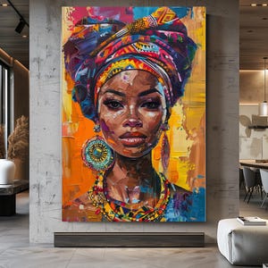 Art mural femme africaine, accessoires dorés, oeuvre d'art sur toile