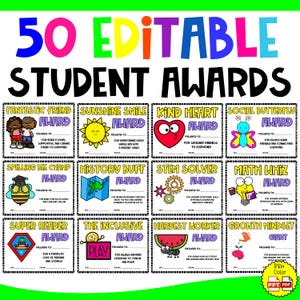 May include: A colorful image featuring 50 editable student awards. Each award has a unique design and title, such as "Fantastic Friend Award" and "Sunshine Smile Award." The awards are designed for various achievements and positive behaviors.