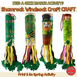 May include: Four colorful St. Patrick's Day windsocks. Each windsock is cylindrical with a green shamrock base and colorful streamers. The windsocks feature illustrations of a leprechaun, shamrocks, and text that reads "Happy St. Patrick's Day".