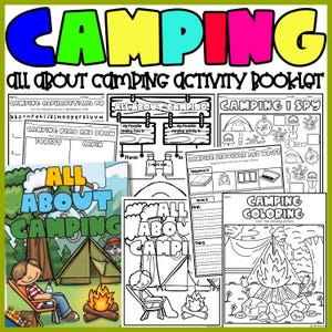 May include: A multi-page camping activity booklet featuring colorful and black-and-white worksheets. Pages include Camping Alphabetical Order, Camping I Spy, Camping Sequence and Write, and Camping Coloring, all with camping-themed illustrations.