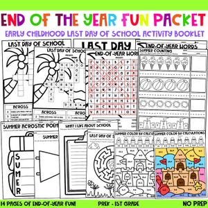 Puede incluir: Un folleto de actividades colorido titulado "End of the Year Fun Packet" para la primera infancia. Presenta varias hojas de trabajo, incluyendo crucigramas, búsquedas de palabras, actividades temáticas de verano y páginas para colorear. El folleto está diseñado para estudiantes de preescolar y 1er grado.