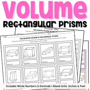 Könnte beinhalten: Ein Arbeitsblatt mit dem Titel "Volumen von rechteckigen Prismen" mit Diagrammen von rechteckigen Prismen und Platz zur Berechnung des Volumens. Der Text enthält "Includes Whole Numbers & Decimals | Mixed Units: Inches & Feet."