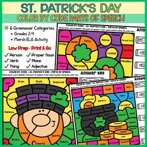 May include: An educational worksheet for St. Patrick's Day, featuring a colour-by-code activity focused on parts of speech. The design includes a leprechaun and words to identify and colour. Suitable for grades 2-4, with an answer key provided.