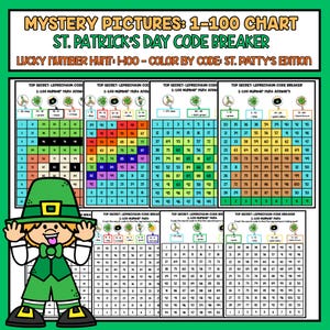 Puede incluir: Una hoja de actividades con temática del Día de San Patricio con un gráfico de duende. La hoja presenta un gráfico de "Mystery Pictures", una "Lucky Number Hunt" y secciones de colorear por código. El texto incluye "St. Patrick's Day Code Breaker" y "Color by Code: St. Patty's Edition."