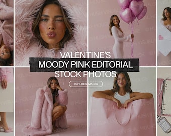 Puede incluir: Un collage de imágenes con un tema rosa. Se muestra el texto "VALENTINE'S MOODY PINK EDITORIAL STOCK PHOTOS". Las imágenes muestran a una mujer en varias poses, vestida con ropa rosa y sosteniendo globos rosas y una gran bolsa de compras rosa.