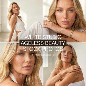 Puede incluir: Una colección de fotos de archivo que muestra a una persona rubia de pelo largo con una camiseta blanca sin mangas. Las imágenes muestran varias poses, incluidos primeros planos del rostro, aplicación de cuidado facial y pulseras y anillos de oro.