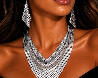 Silver Mesh Bib Necklace & Earrings Set,Statement Choker, Party Prom Jewelery