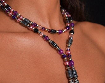 Purple Beaded  Lariat With Magnetic Clasp Necklace, Boho Statement Beaded Summer Jewelery