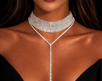 Layered Rhinestone Choker Y Lariat Necklace, Bridal Wedding Statement Jewelry