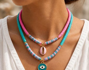 Multi Strand Beaded Necklace with Evil Eye Pendant, Colorful Layered Summer Necklace, Pink Turquoise Beach Jewelry