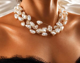 Barokparelketting met meerdere strengen, opvallende trouwchoker, bruidsaccessoire