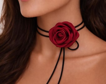 Burgundy Rose Choker, Black Cord, Gothic Romantic Handmade Necklace