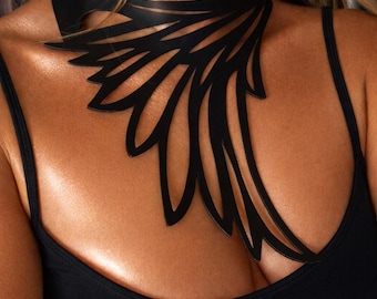 Gothic Choker Necklace Black Leather, Statement Wing Choker, Vampire Witch Jewelry