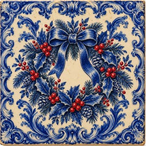 May include: A square ceramic tile featuring a central holiday wreath design in blue and white. The wreath consists of pine branches, holly leaves, red berries, and pinecones, tied with a blue ribbon. A blue scrollwork border frames the tile.