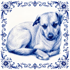 Op de afbeelding: Een blauw-witte inkttekening van een liggende hond, gecentreerd binnen een decoratieve bloemenrand. De hond is weergegeven met gedetailleerde blauwe streken op een witte achtergrond, omringd door een sierlijk kader van blauwe bloemen en ranken.