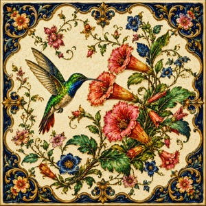 Op de afbeelding: Een vierkante decoratieve tegel met een vliegende kolibrie met iriserende groene en blauwe veren. De vogel bevindt zich bij grote, trompetvormige rode bloemen en groen blad, alles tegen een crèmekleurige achtergrond met een blauwe en gouden rand.