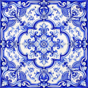 Op de afbeelding: Een vierkant keramisch tegelmozaïek met een symmetrisch patroon in kobaltblauw en wit. Het ontwerp toont ingewikkelde acanthusbladeren, krullende versieringen en een centraal bloemmotief, wat een decoratieve geometrische compositie vormt.