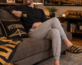 Yinz Mens Indoor Slippers, Pittsburghese Pattern House Shoes, Funny Pittsburgh Slippers, Yinzer Gift, Black and Gold Lounge Slippers