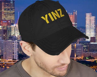 Casquette de baseball brodée Pittsburgh Hat brodée YINZ (fil doré) | Chapeau papa Pittsburghese | Casquette ras du cou délavée vintage