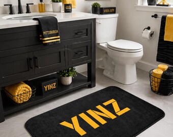 YINZ Bath Mat, Pittsburghese Bathroom Rug, Black and Gold Yinzer Decor, Pittsburgh Bathroom Mat, Funny Pittsburgh Housewarming Gift
