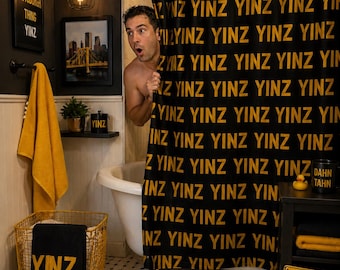 YINZ Shower Curtain Pittsburghese Pattern in Gold Yellow | Pittsburgh Bathroom Decor | Yinzer Gift | Steel City Home | Pittsburgh Sayings