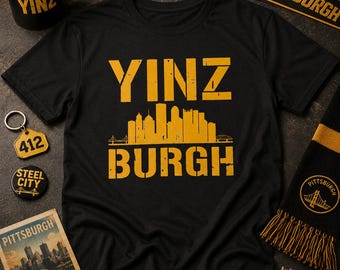 YINZ BURGH Pittsburgh Skyline T-Shirt | Steel City Yinzer Grafik-T-Shirt | PGH Innenstadt-Umriss-Shirt | Pittsburgh-Sprüche