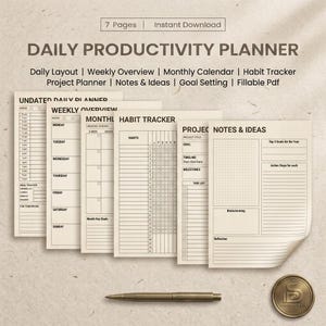 May include: A Daily Productivity Planner with seven pages available for instant download. The planner includes sections for daily layouts, weekly overviews, monthly calendars, habit trackers, project planning, notes, ideas, and goal setting. A pen and a gold-colored seal are also visible.