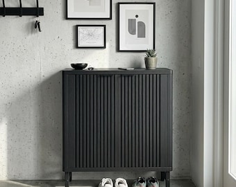 Modern Louver Shoe Cabinet Wooden Entryway Storage Organizer with Adjustable Shelves Metal Legs