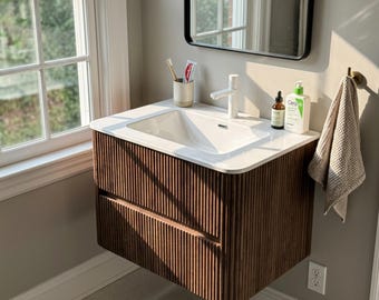 30 Inch Floating Bathroom Vanity with Sink Retro Walnut Woodgrain Wall Mounted Double Drawer