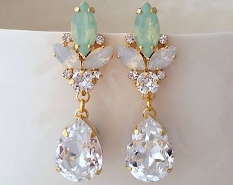 White Opal earrings,Opal earrings,Mint earrings,Bridal earrings,Bridesmaid gift,Bridal crystal jewelry,Crystal earrings,Statement earrings