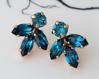 Teal earrings,Teal blue earrings,Bridal earrings,Rose gold earrings,Blue stud earrings,Bridesmaid gift,Petite earrings,Cluster earring