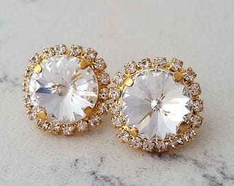 Crystal stud earrings, Bridal earrings, Bridesmaids jewelry, Gold plate crystal stud earrings, Crystal large stud earrings