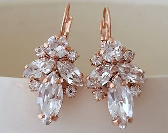 Bridal earrings drop,Rose gold earrings,Clear crystal earrings,Crystal drop earrings,Bridesmaid gift,Petite earrings,Vintage Bridal earrings