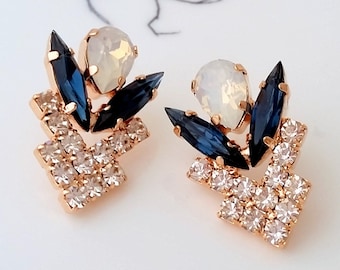 Navy blue earrings,White opal earrings,Blue eaarings,Rose gold earrings,Bridal earrings,Bridesmaids gift,Stud earrings,Crystal earrings