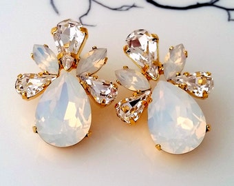 White opal earrings,White opal bridal earrings,Bridal earrings,Bridesmaids gift,Opal jewelry,Crystal earrings,Gold earring,Crystal earring