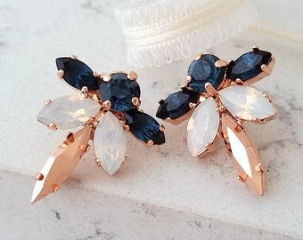 Navy blue earrings,Rose gold earrings,White opal earrings,Bridal earrings,Bridesmaids gift,Stud earrings,Crystal crystal earrings,Wedding