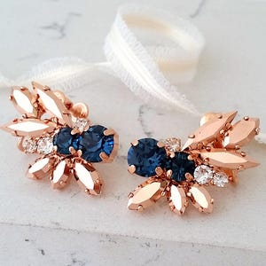 Climbing earrings,Ear crawlers earrings,Navy blue earrings,Rose gold earrings,Ear climber earrings,Bridal earrings,Crystal Bridal earrings