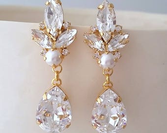 Pearl earrings,Bridal earrings pearl,Chandelier earrings,Wedding earrings,Gold earrings,Vintage earring,Crystal earrings,Brideamids gift