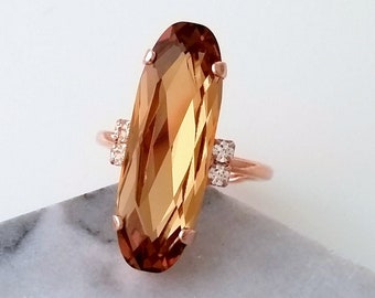 Topaz ring,Topaz statement ring,Champagne Cocktail ring,Dark Topaz ring, ring,Long oval shape ring,Vintage Style Ring,Rose gold