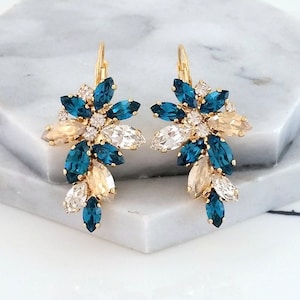 Può includere: Un paio di orecchini pendenti dorati con cristalli blu e color champagne. Gli orecchini hanno la forma di un grappolo di fiori.